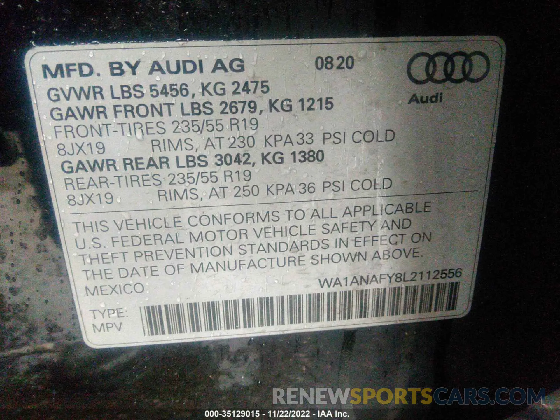 9 fotografías del automóvil dañado WA1ANAFY8L2112556 AUDI Q5 2020