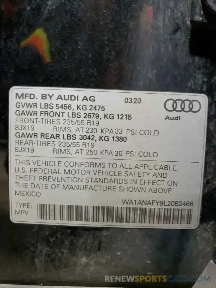 13 fotografías del automóvil dañado WA1ANAFY9L2082466 AUDI Q5 2020