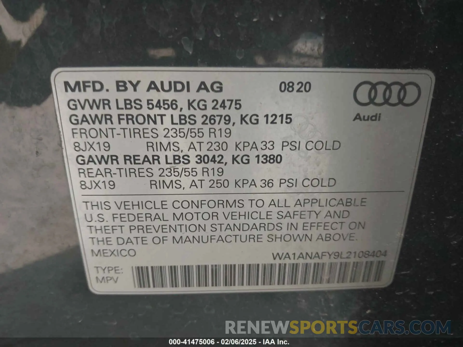 9 fotografías del automóvil dañado WA1ANAFY9L2108404 AUDI Q5 2020