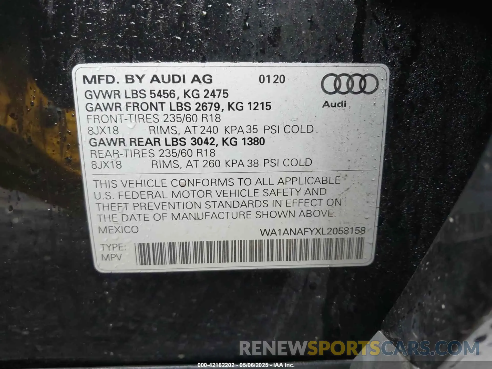 9 fotografías del automóvil dañado WA1ANAFYXL2058158 AUDI Q5 2020