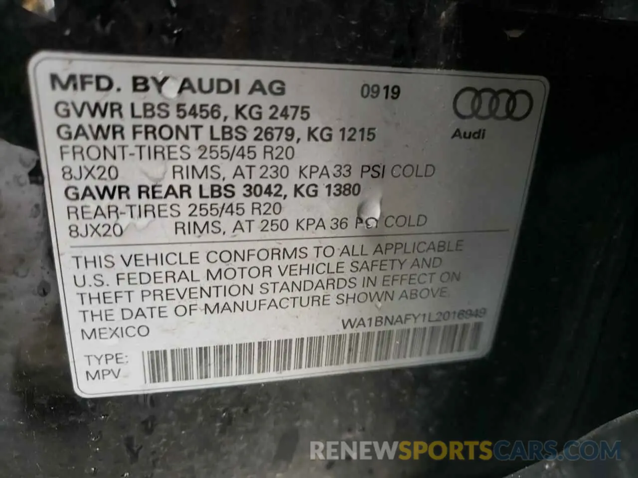 14 fotografías del automóvil dañado WA1BNAFY1L2016949 AUDI Q5 2020