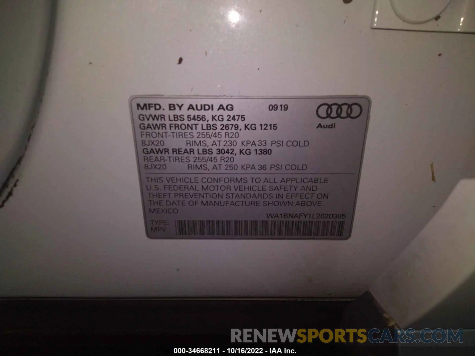 9 fotografías del automóvil dañado WA1BNAFY1L2020385 AUDI Q5 2020