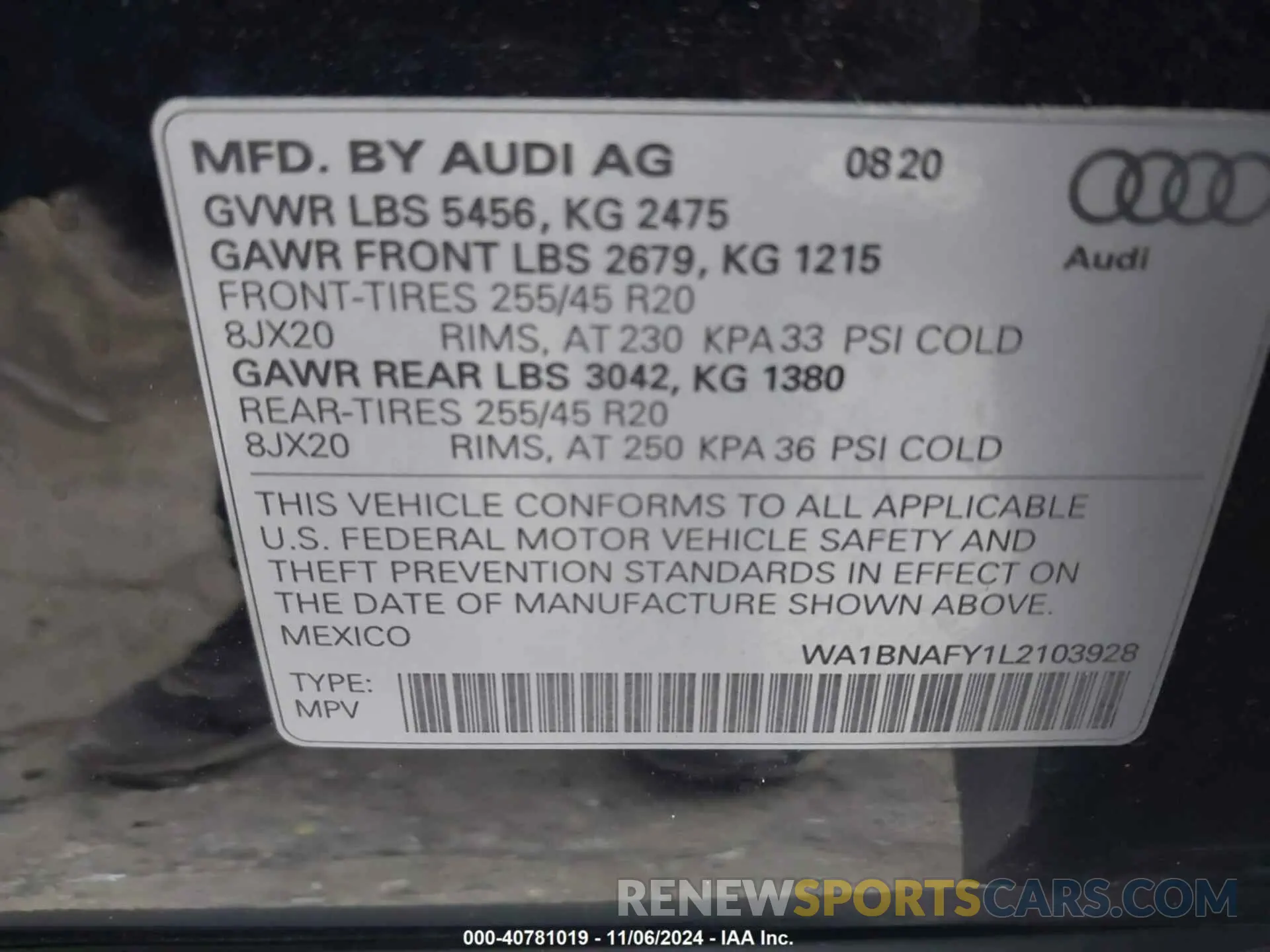 9 fotografías del automóvil dañado WA1BNAFY1L2103928 AUDI Q5 2020