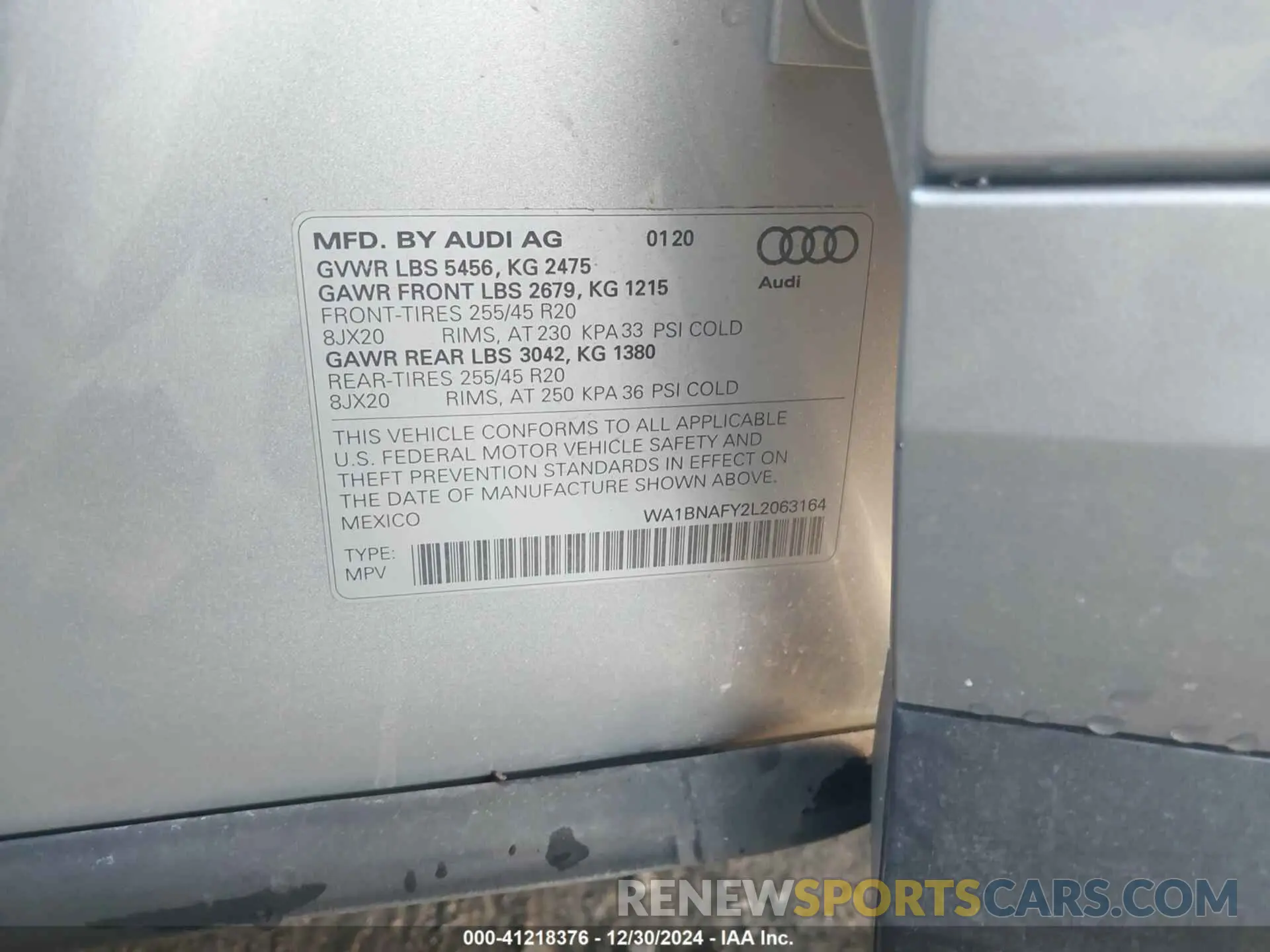 9 fotografías del automóvil dañado WA1BNAFY2L2063164 AUDI Q5 2020