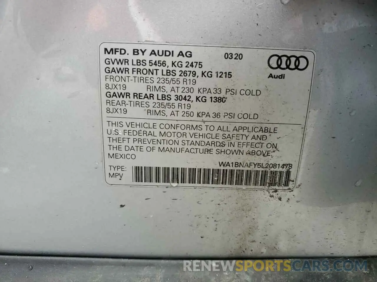 14 fotografías del automóvil dañado WA1BNAFY5L2081478 AUDI Q5 2020