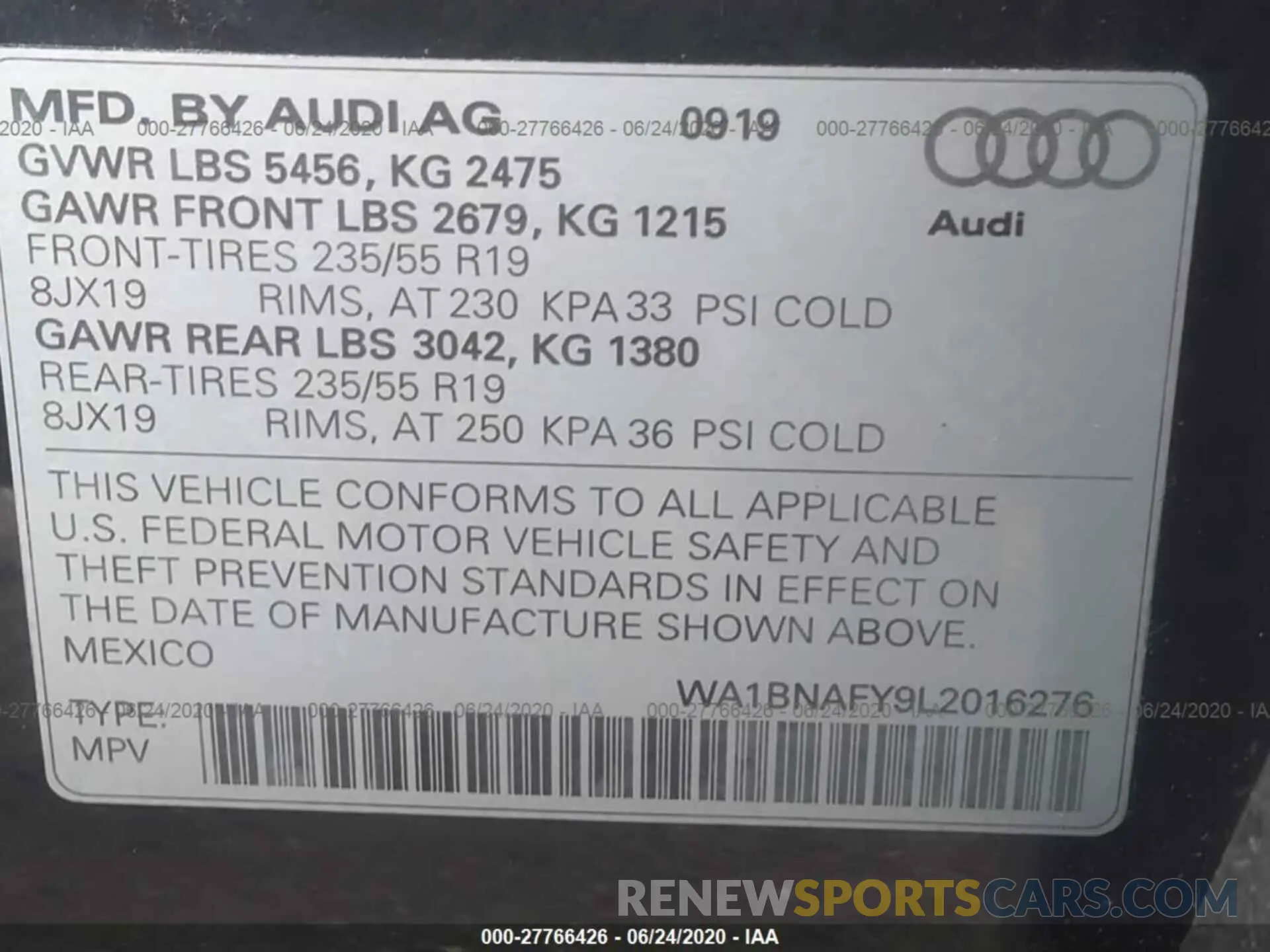 9 fotografías del automóvil dañado WA1BNAFY9L2016276 AUDI Q5 2020
