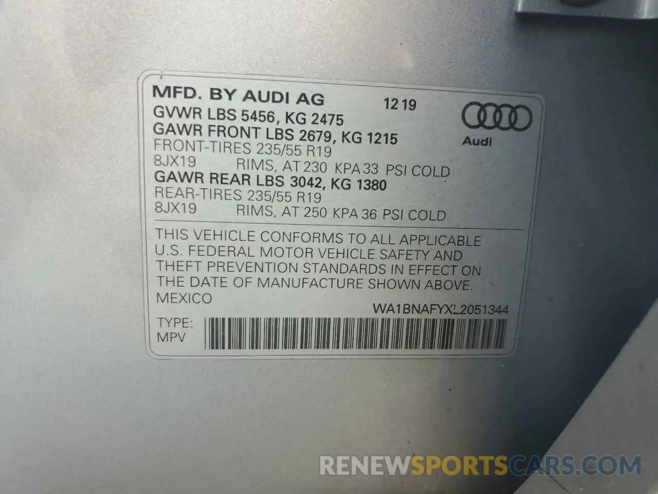 14 fotografías del automóvil dañado WA1BNAFYXL2051344 AUDI Q5 2020