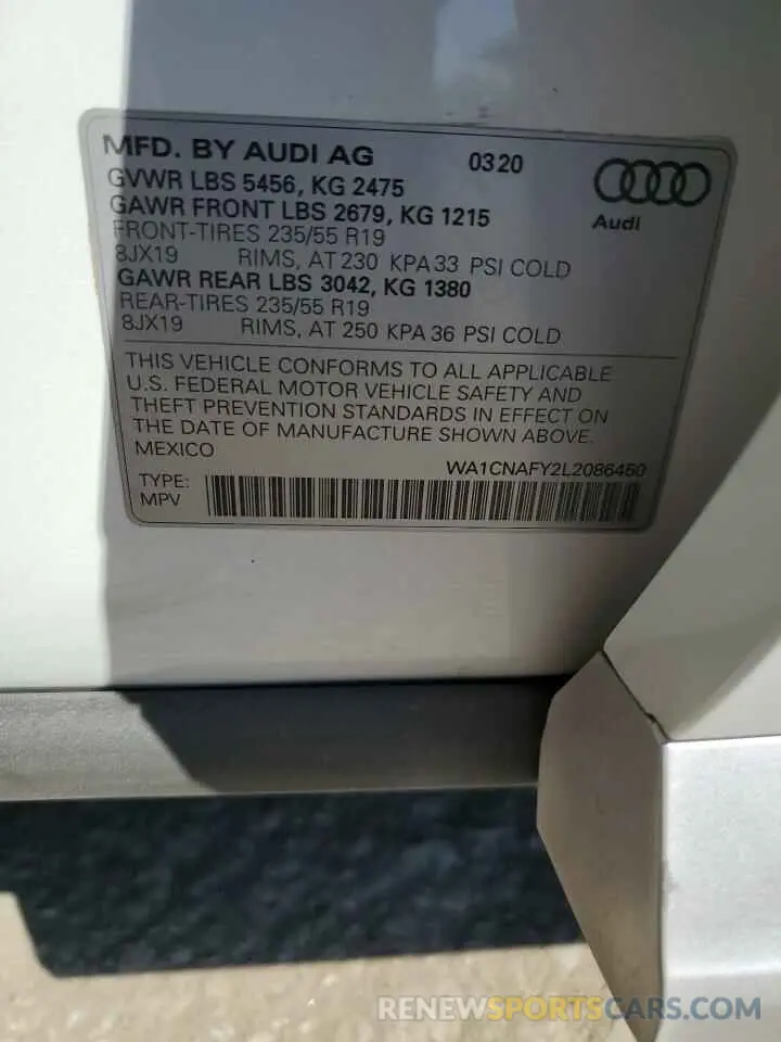 12 fotografías del automóvil dañado WA1CNAFY2L2086450 AUDI Q5 2020