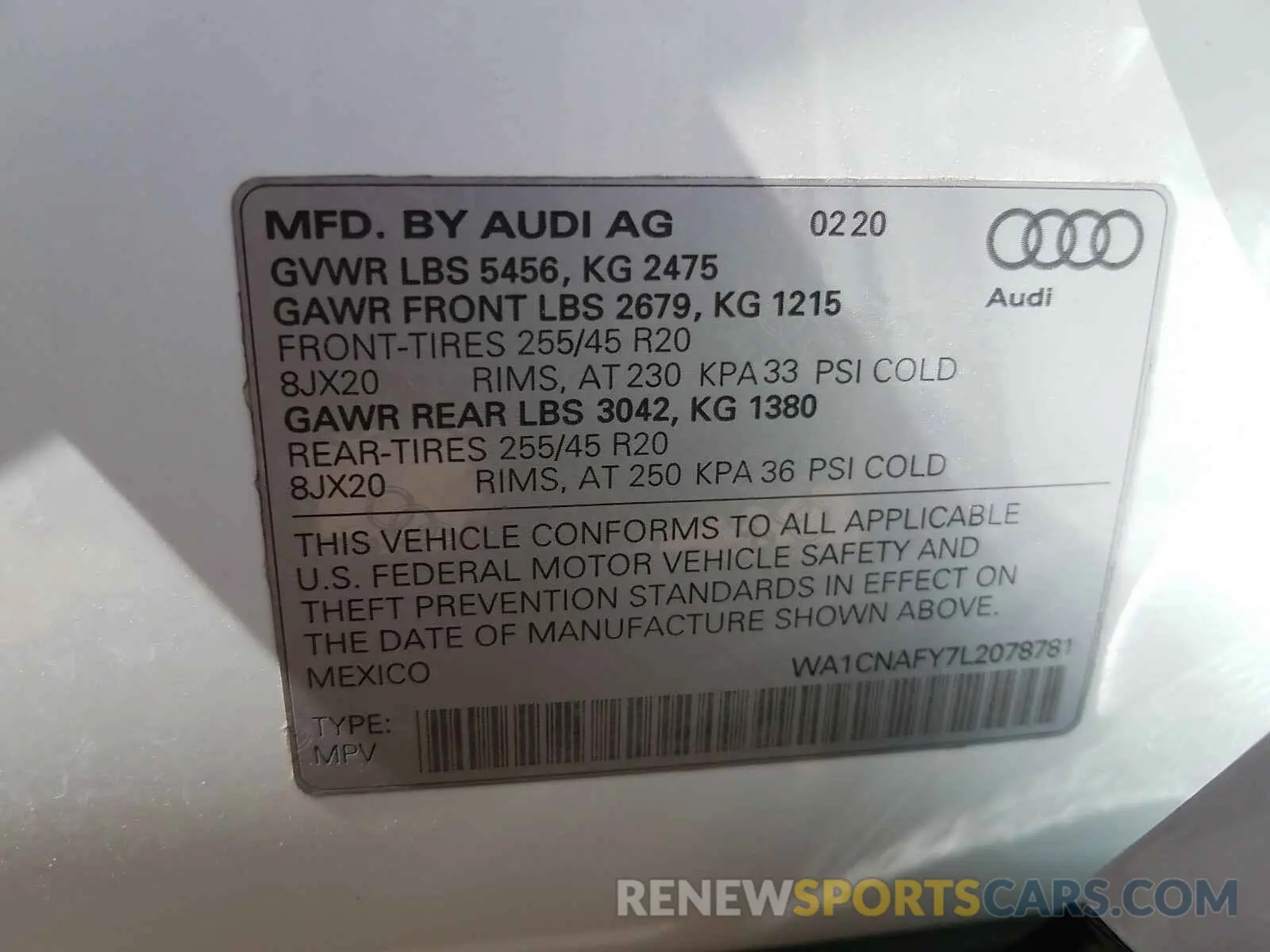 10 fotografías del automóvil dañado WA1CNAFY7L2078781 AUDI Q5 2020