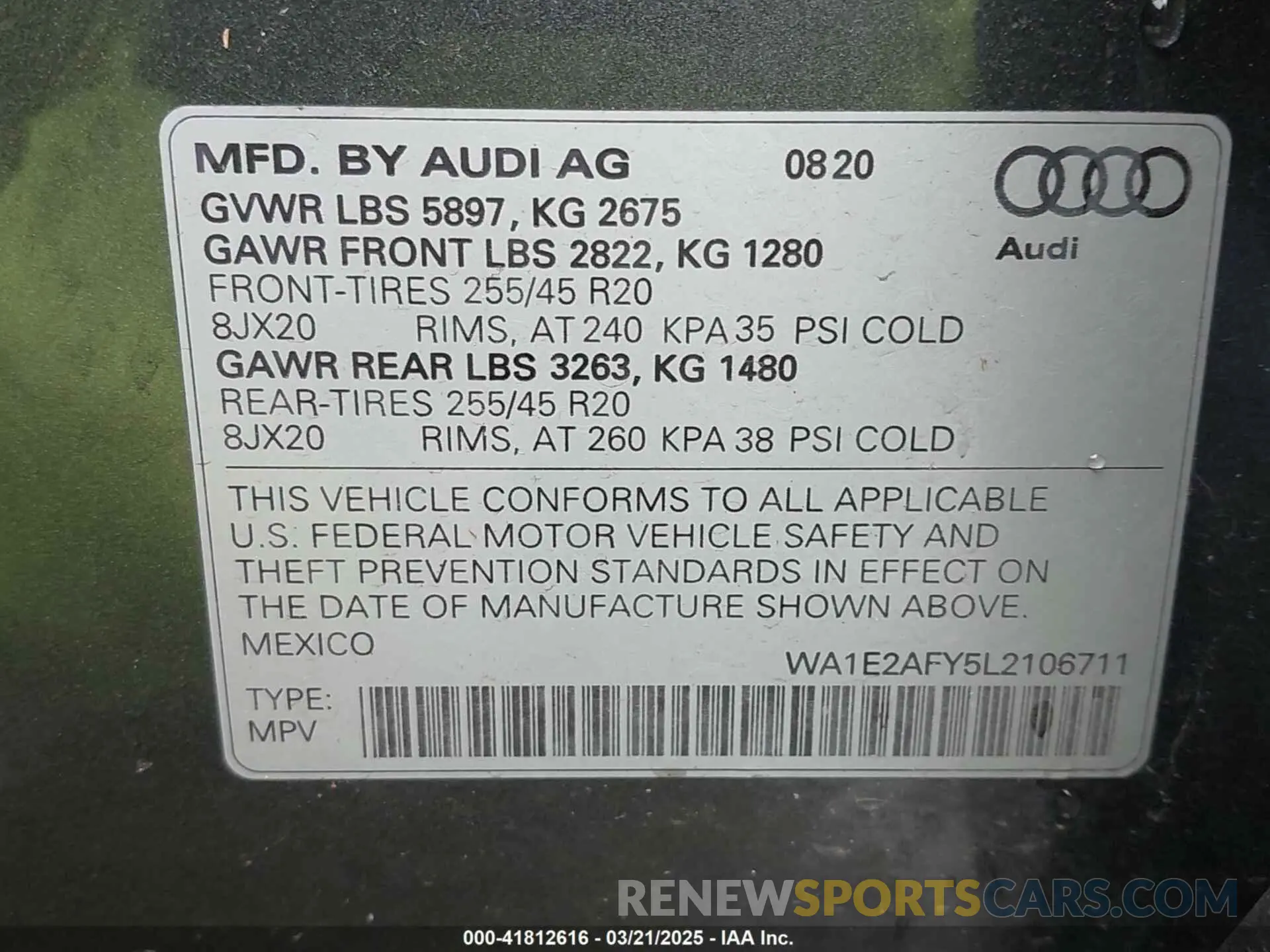 9 fotografías del automóvil dañado WA1E2AFY5L2106711 AUDI Q5 2020