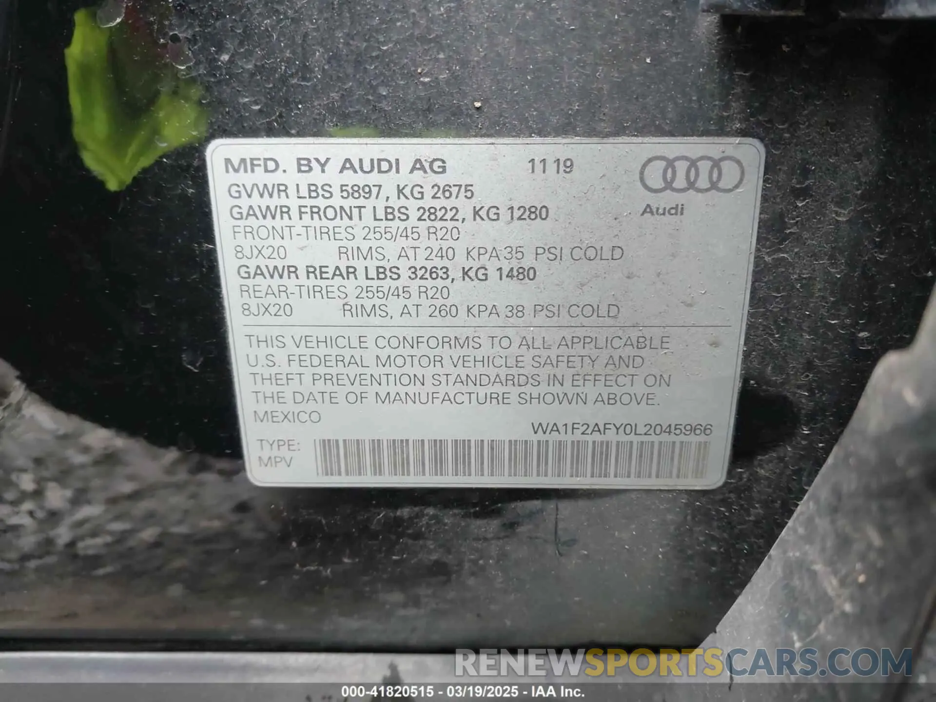 9 fotografías del automóvil dañado WA1F2AFY0L2045966 AUDI Q5 2020