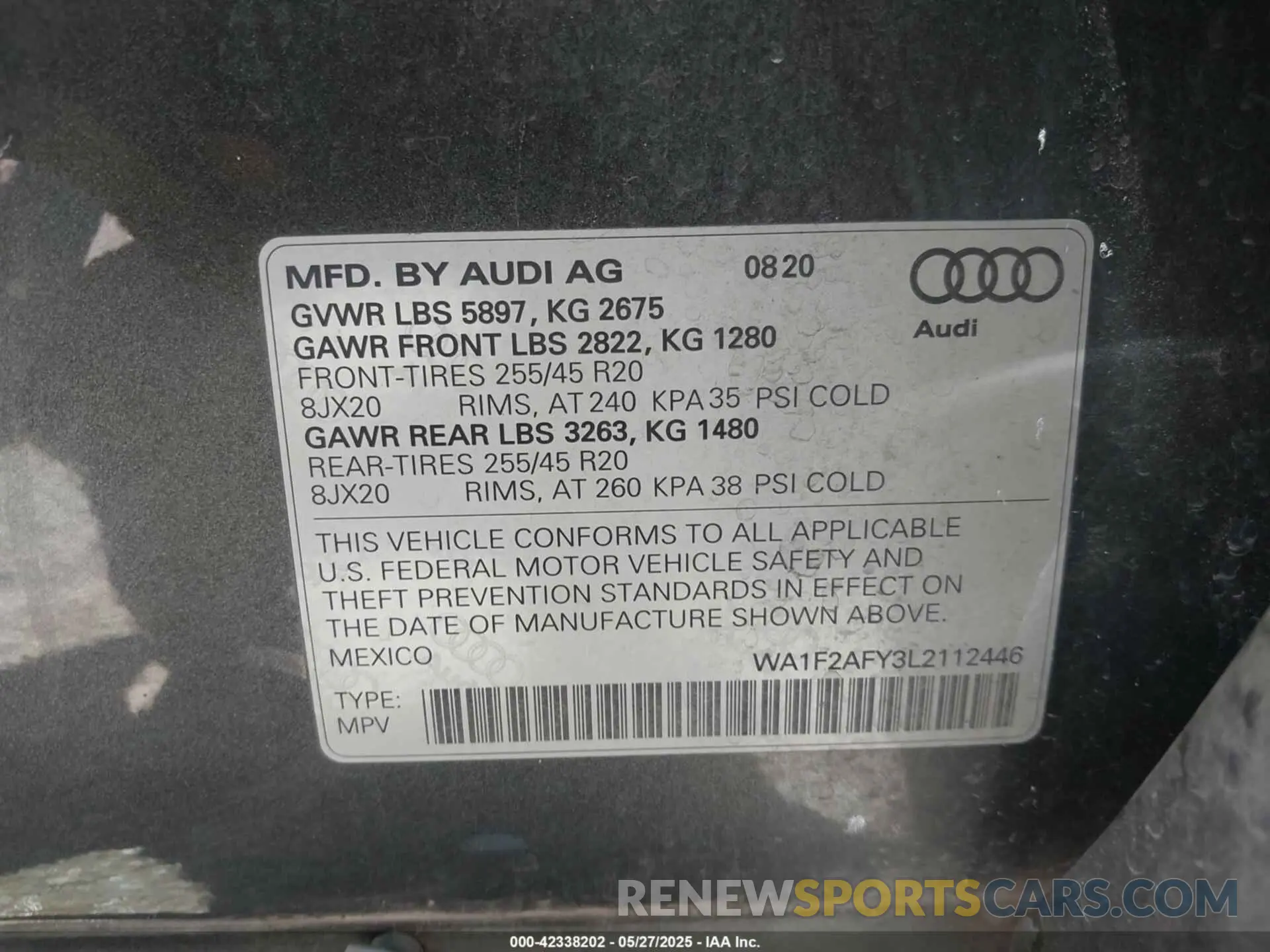 9 fotografías del automóvil dañado WA1F2AFY3L2112446 AUDI Q5 2020