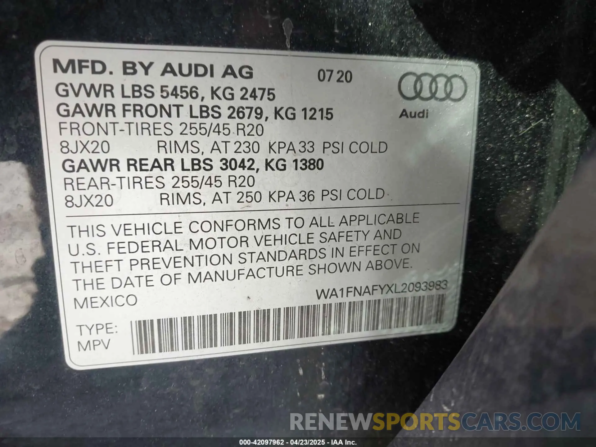 9 fotografías del automóvil dañado WA1FNAFYXL2093983 AUDI Q5 2020