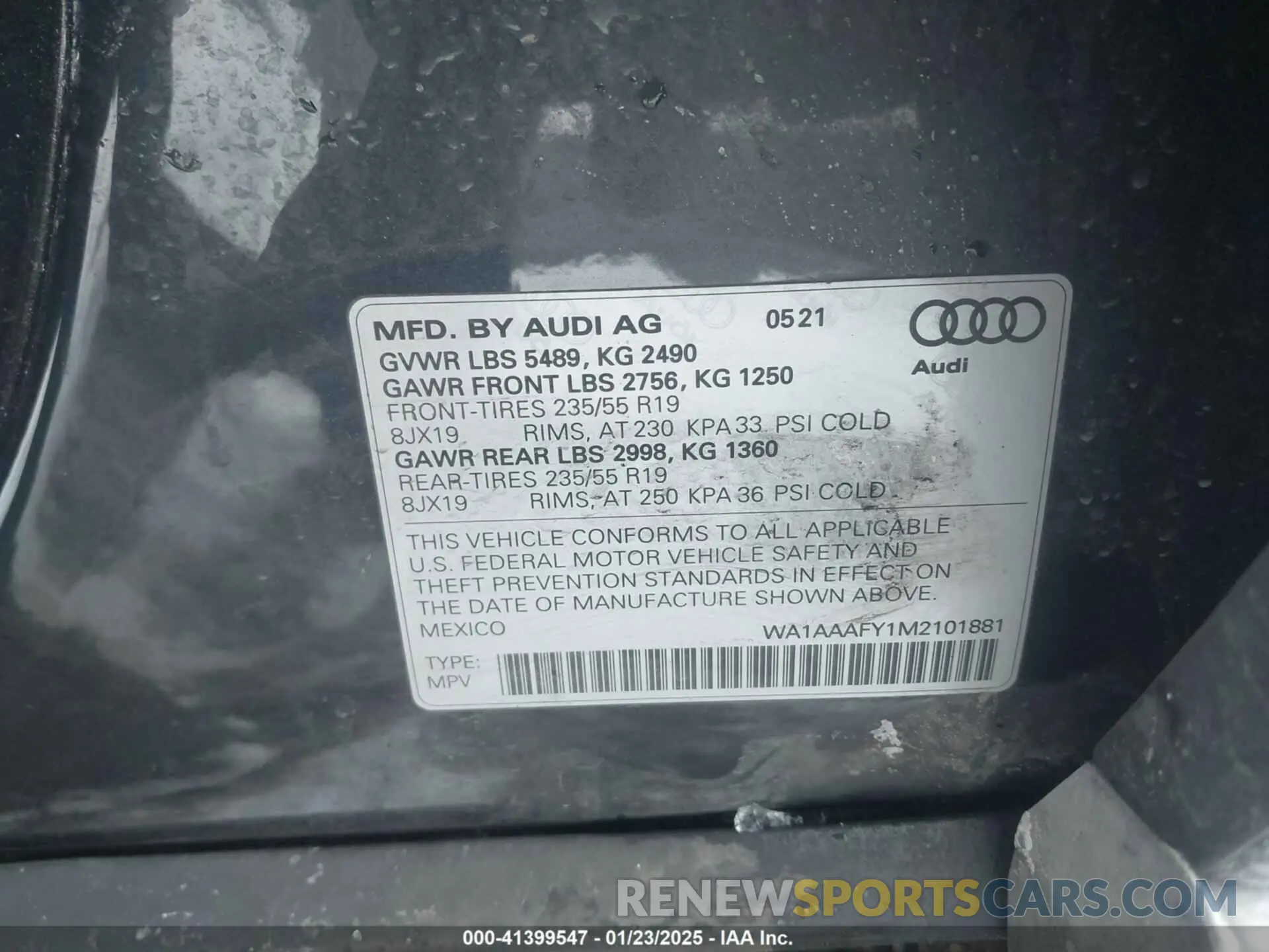 9 fotografías del automóvil dañado WA1AAAFY1M2101881 AUDI Q5 2021