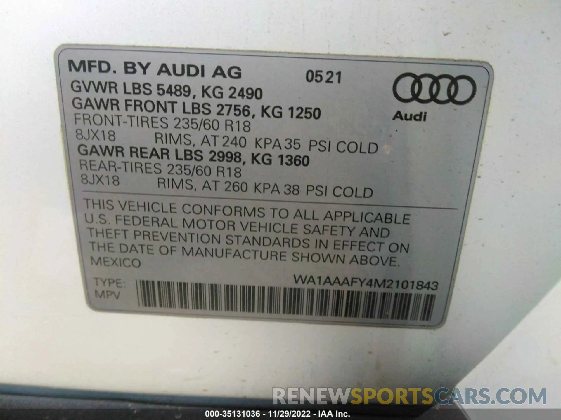 9 fotografías del automóvil dañado WA1AAAFY4M2101843 AUDI Q5 2021