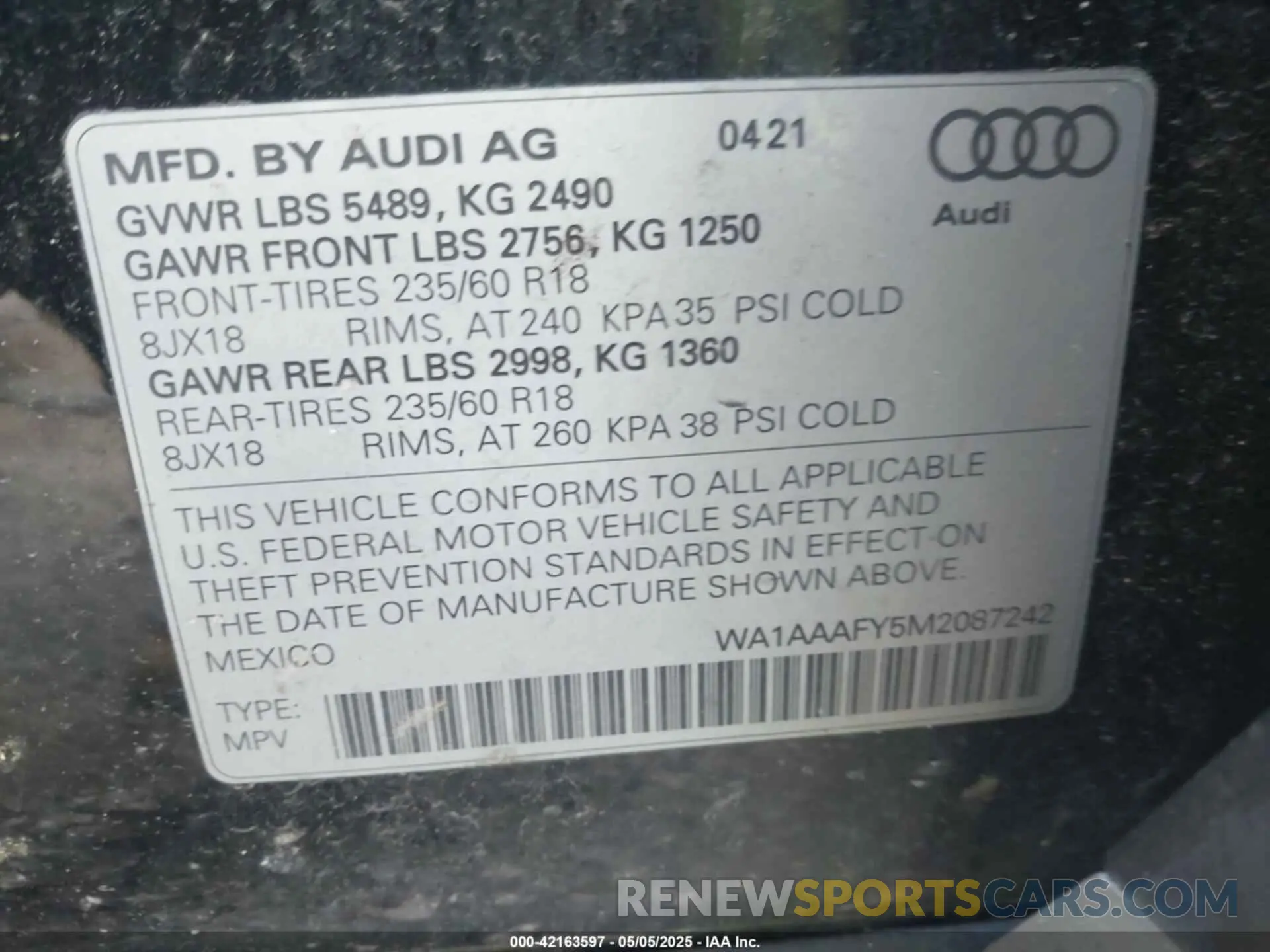 9 fotografías del automóvil dañado WA1AAAFY5M2087242 AUDI Q5 2021