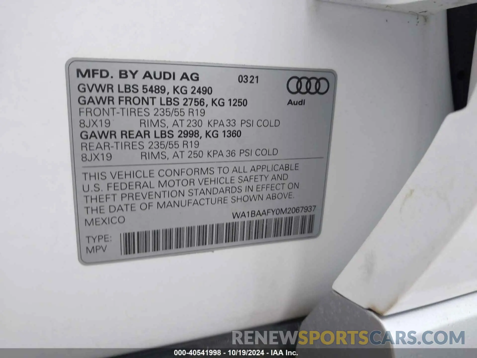 9 fotografías del automóvil dañado WA1BAAFY0M2067937 AUDI Q5 2021