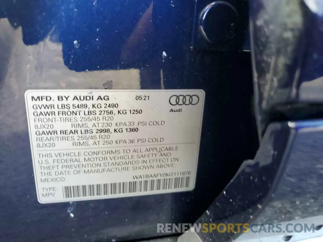 10 fotografías del automóvil dañado WA1BAAFY0M2111676 AUDI Q5 2021