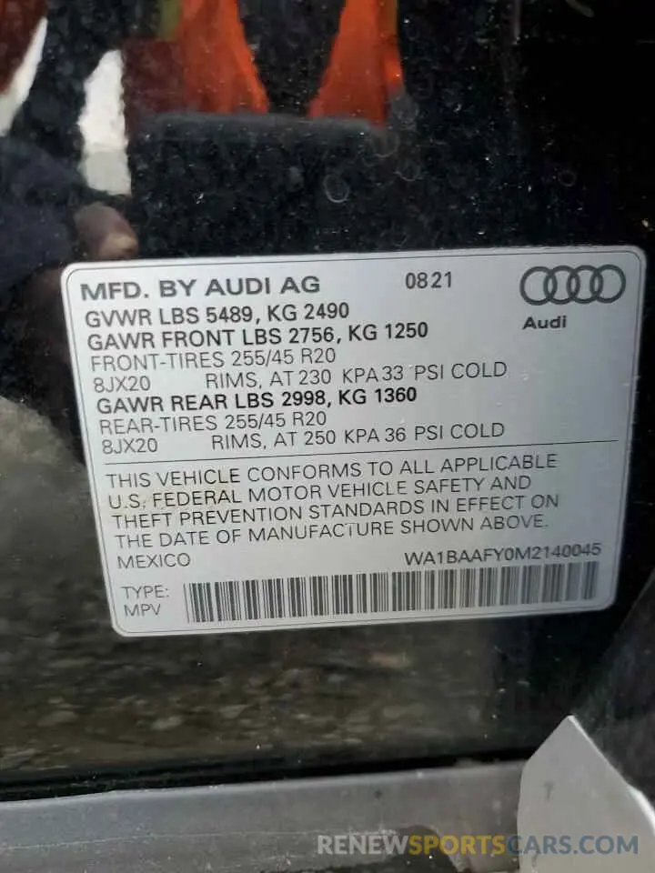 13 fotografías del automóvil dañado WA1BAAFY0M2140045 AUDI Q5 2021