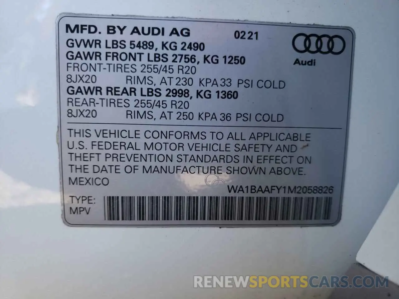 10 fotografías del automóvil dañado WA1BAAFY1M2058826 AUDI Q5 2021