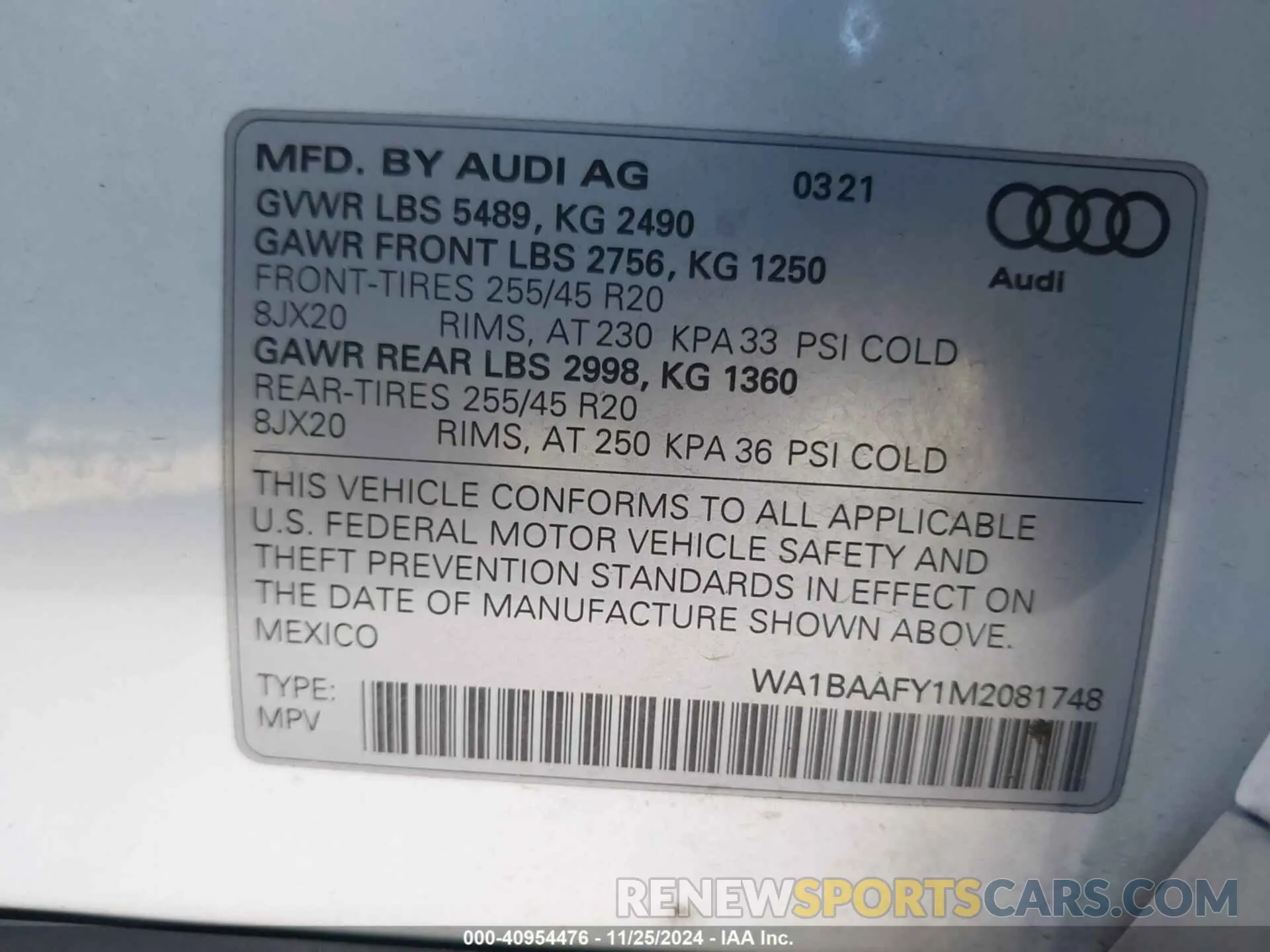 9 fotografías del automóvil dañado WA1BAAFY1M2081748 AUDI Q5 2021