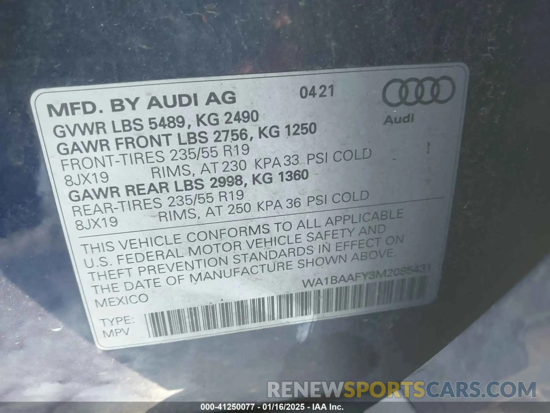 9 fotografías del automóvil dañado WA1BAAFY3M2085431 AUDI Q5 2021