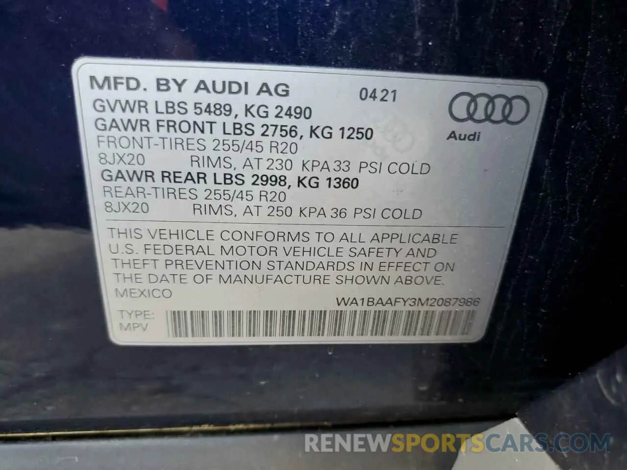 10 fotografías del automóvil dañado WA1BAAFY3M2087986 AUDI Q5 2021