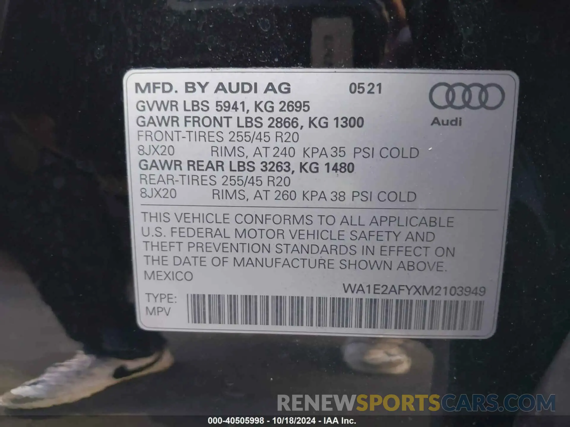 9 fotografías del automóvil dañado WA1E2AFYXM2103949 AUDI Q5 2021
