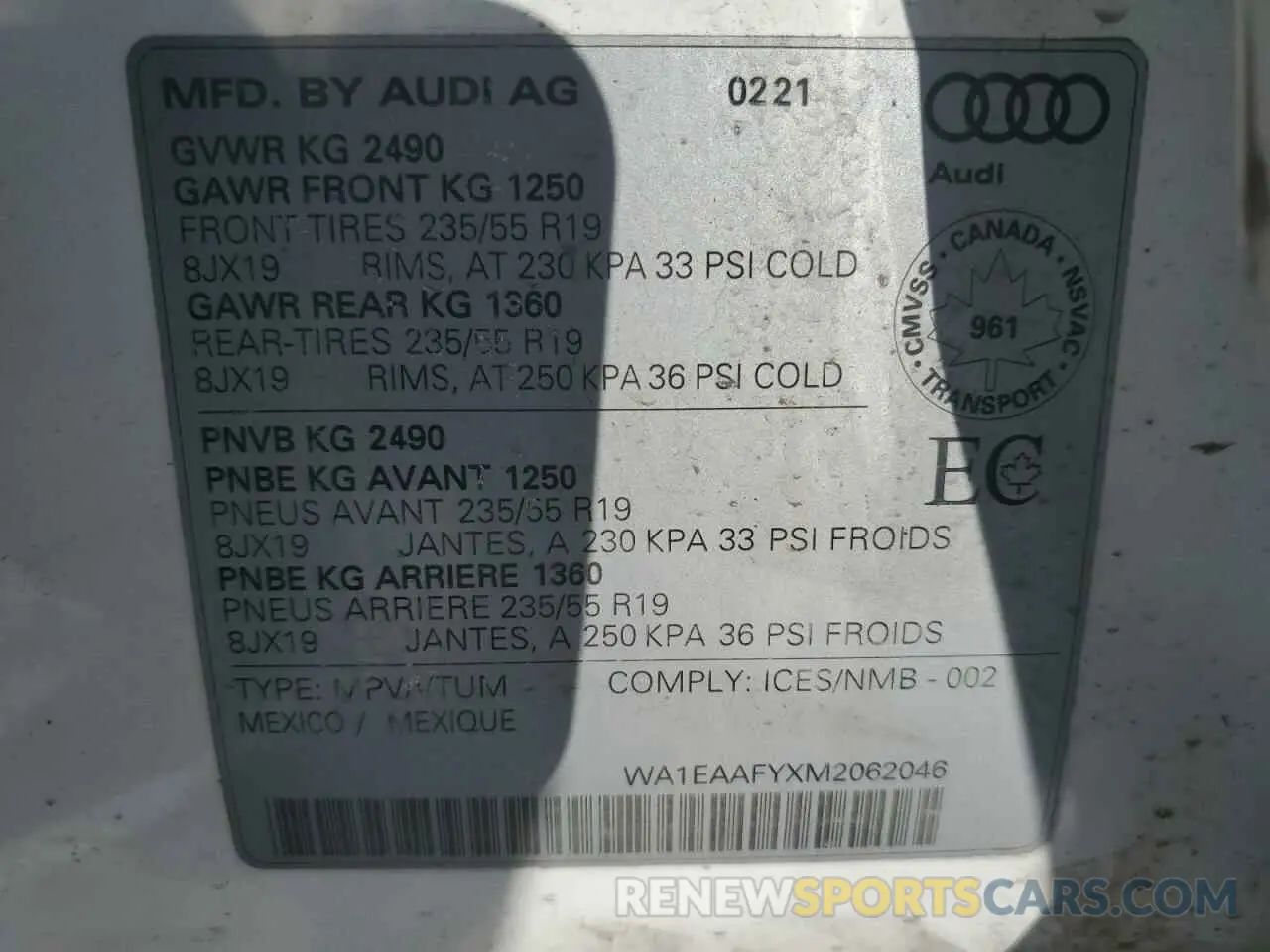 13 fotografías del automóvil dañado WA1EAAFYXM2062046 AUDI Q5 2021