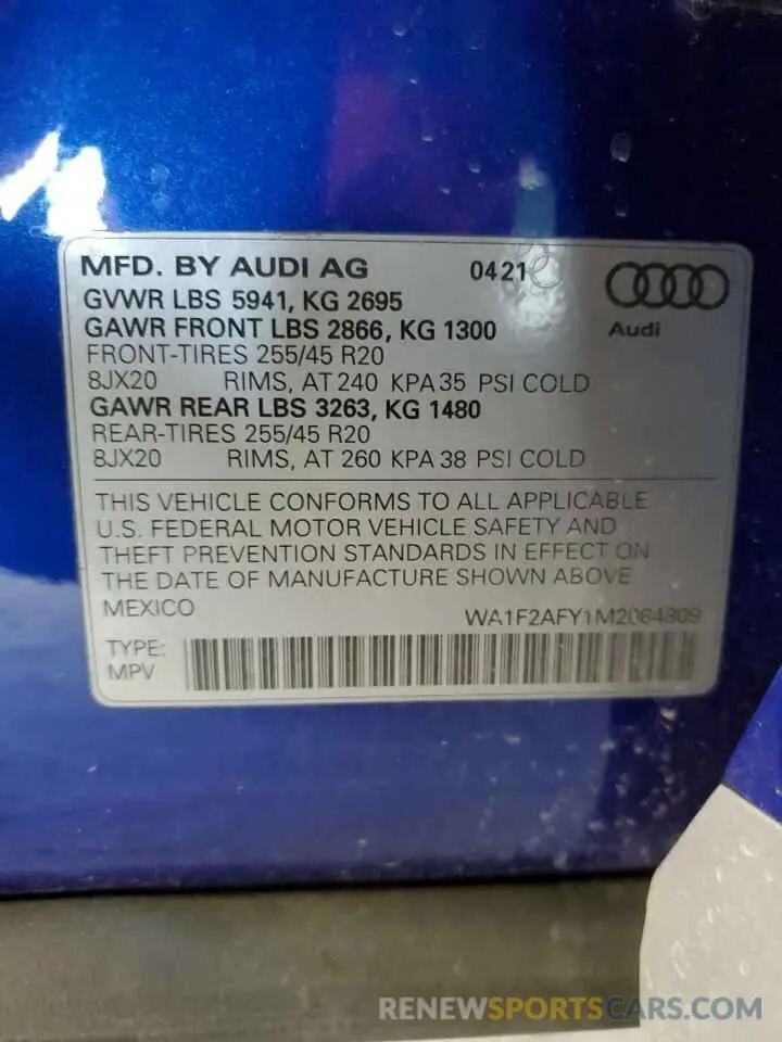 12 fotografías del automóvil dañado WA1F2AFY1M2084809 AUDI Q5 2021
