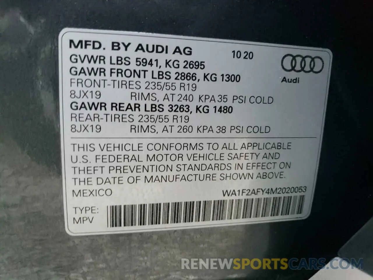 10 fotografías del automóvil dañado WA1F2AFY4M2020053 AUDI Q5 2021
