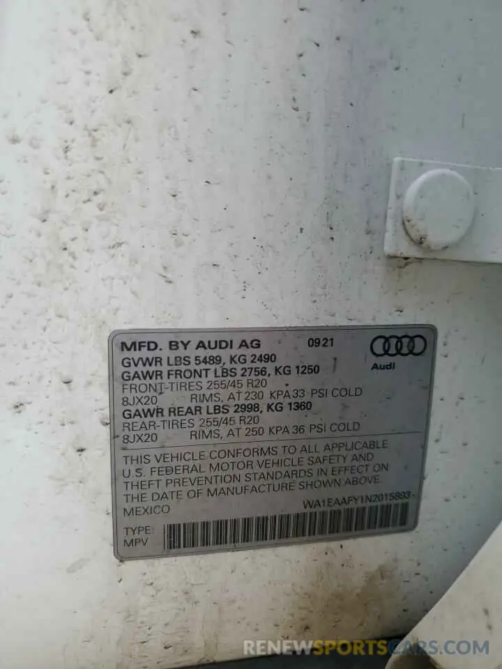 14 fotografías del automóvil dañado WA1EAAFY1N2015893 AUDI Q5 2022