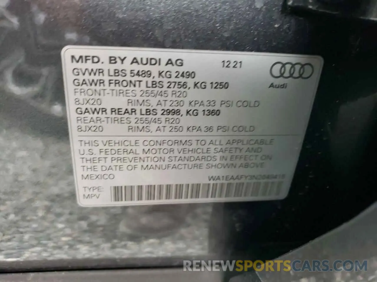 10 fotografías del automóvil dañado WA1EAAFY3N2049415 AUDI Q5 2022