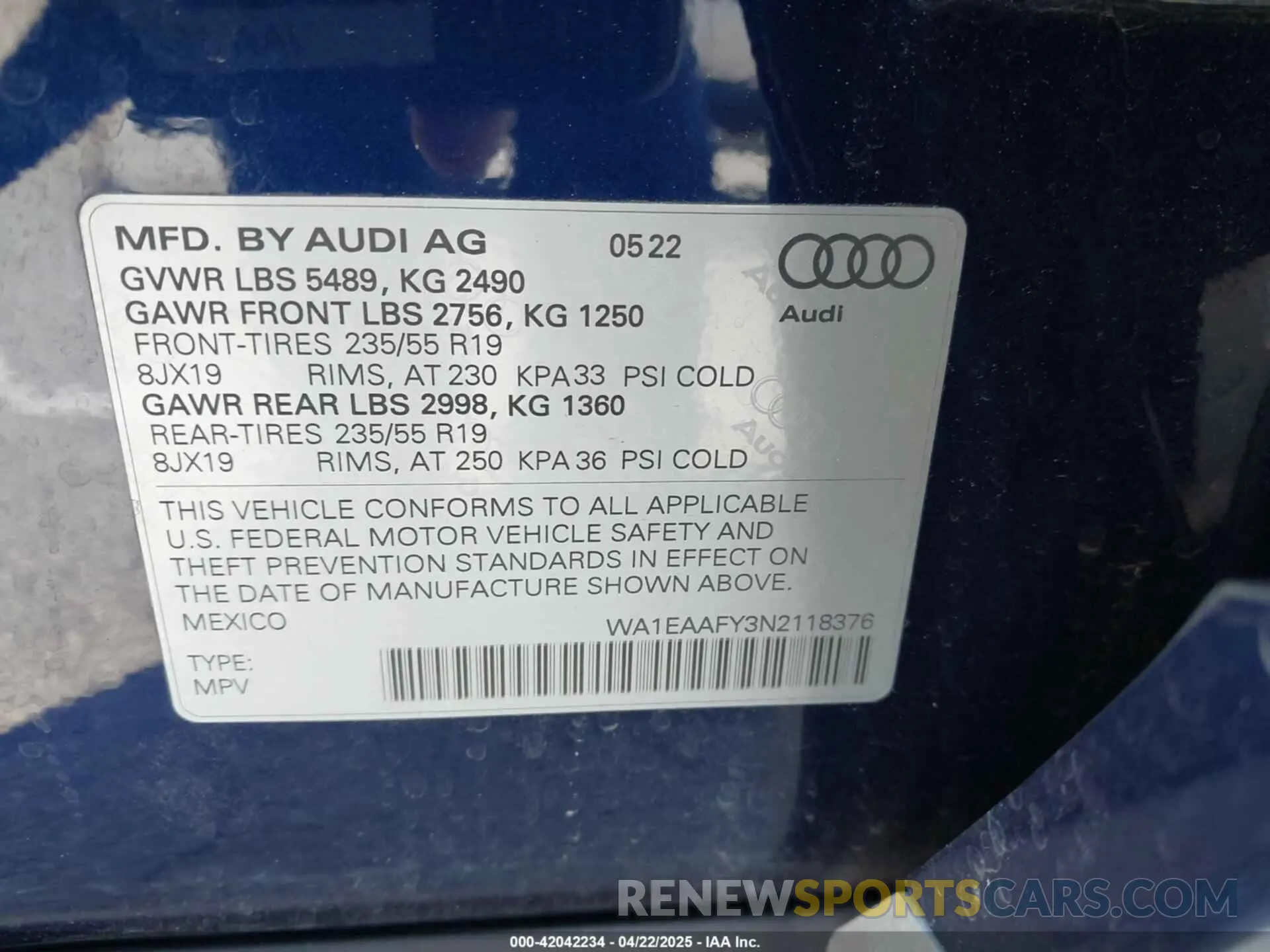 9 fotografías del automóvil dañado WA1EAAFY3N2118376 AUDI Q5 2022