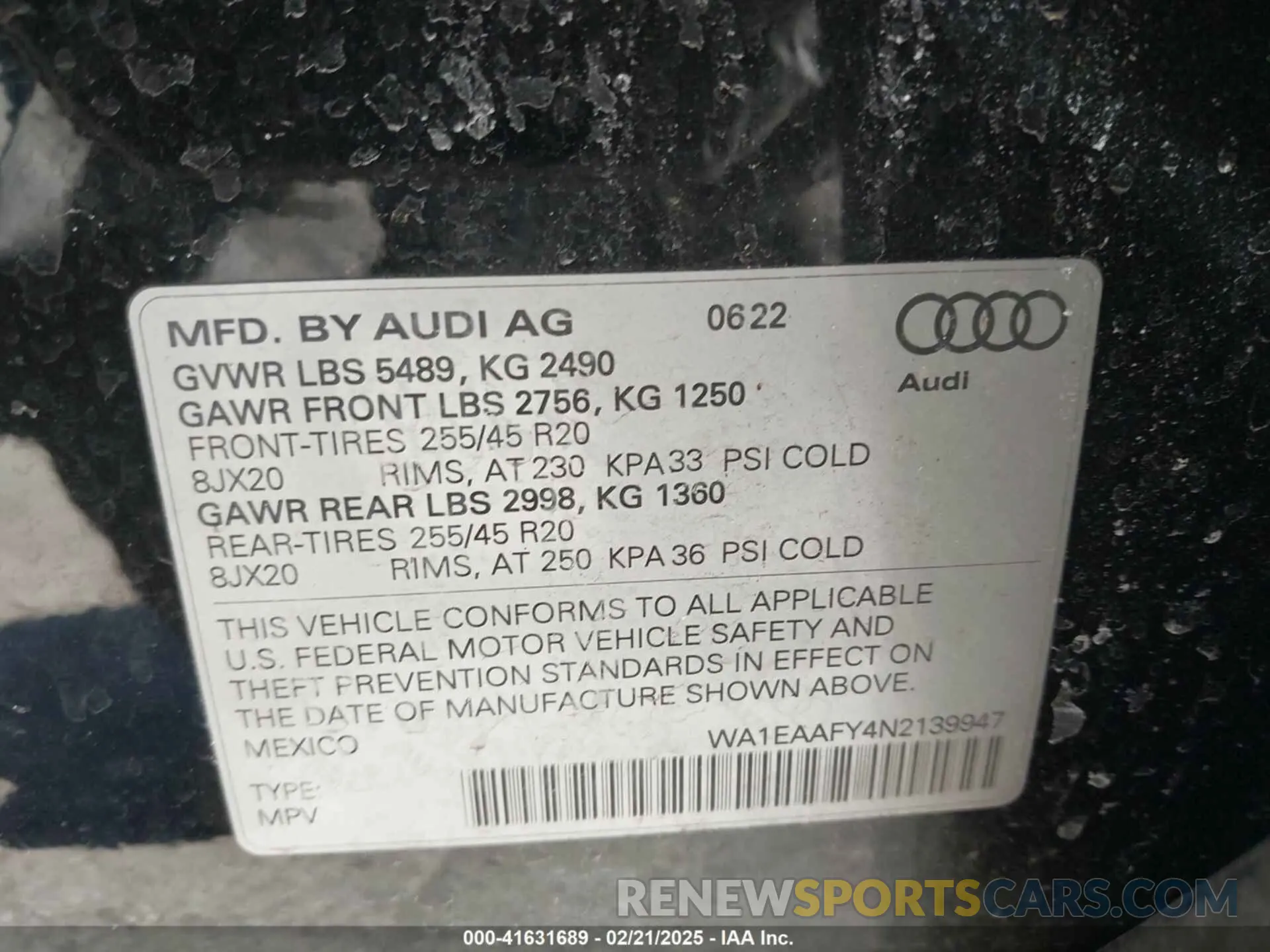 9 fotografías del automóvil dañado WA1EAAFY4N2139947 AUDI Q5 2022