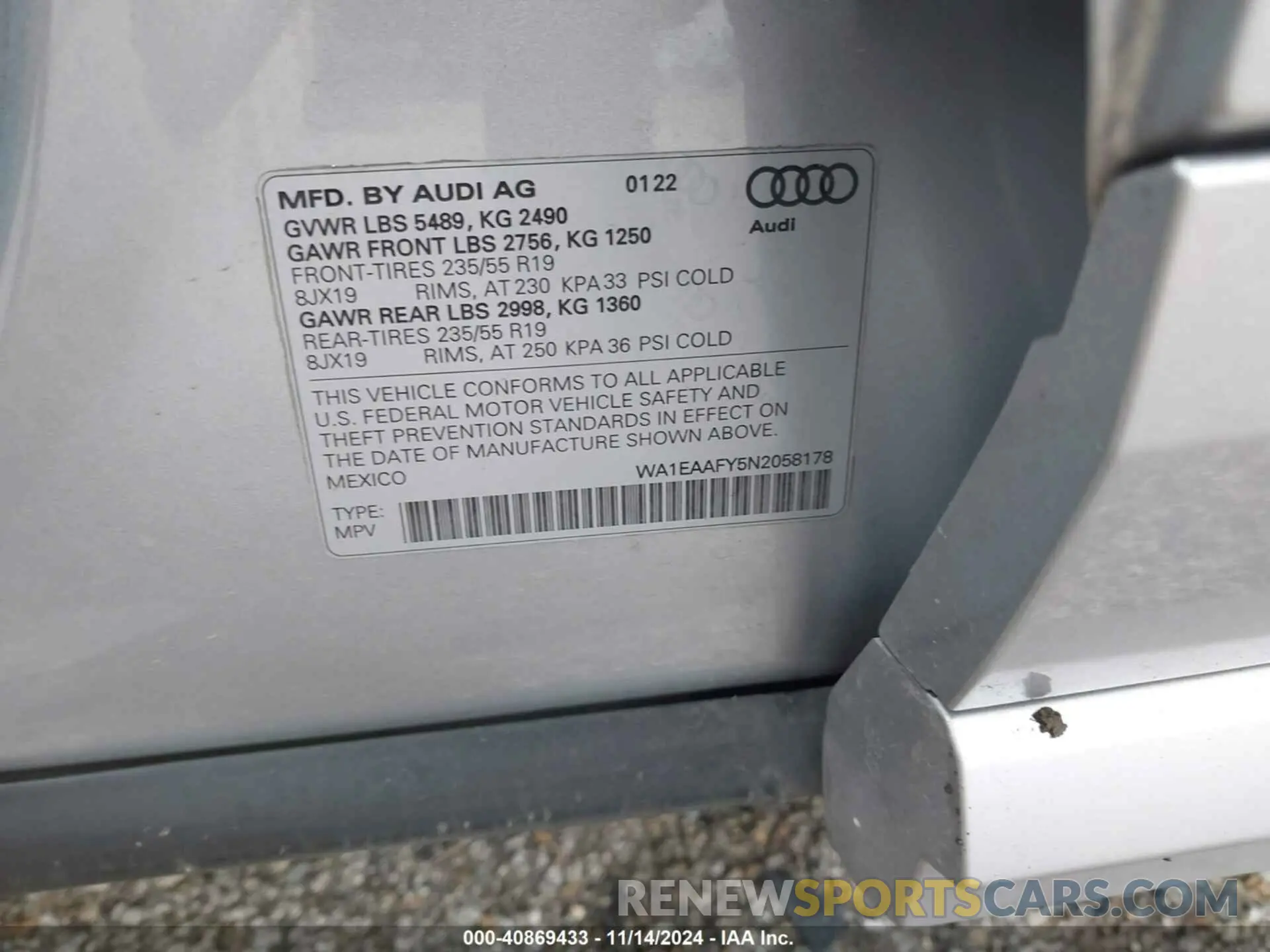 9 fotografías del automóvil dañado WA1EAAFY5N2058178 AUDI Q5 2022