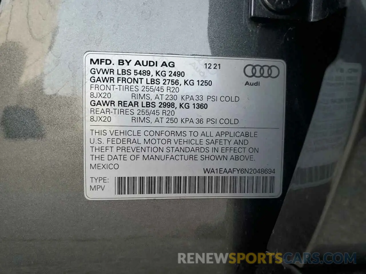 14 fotografías del automóvil dañado WA1EAAFY6N2048694 AUDI Q5 2022
