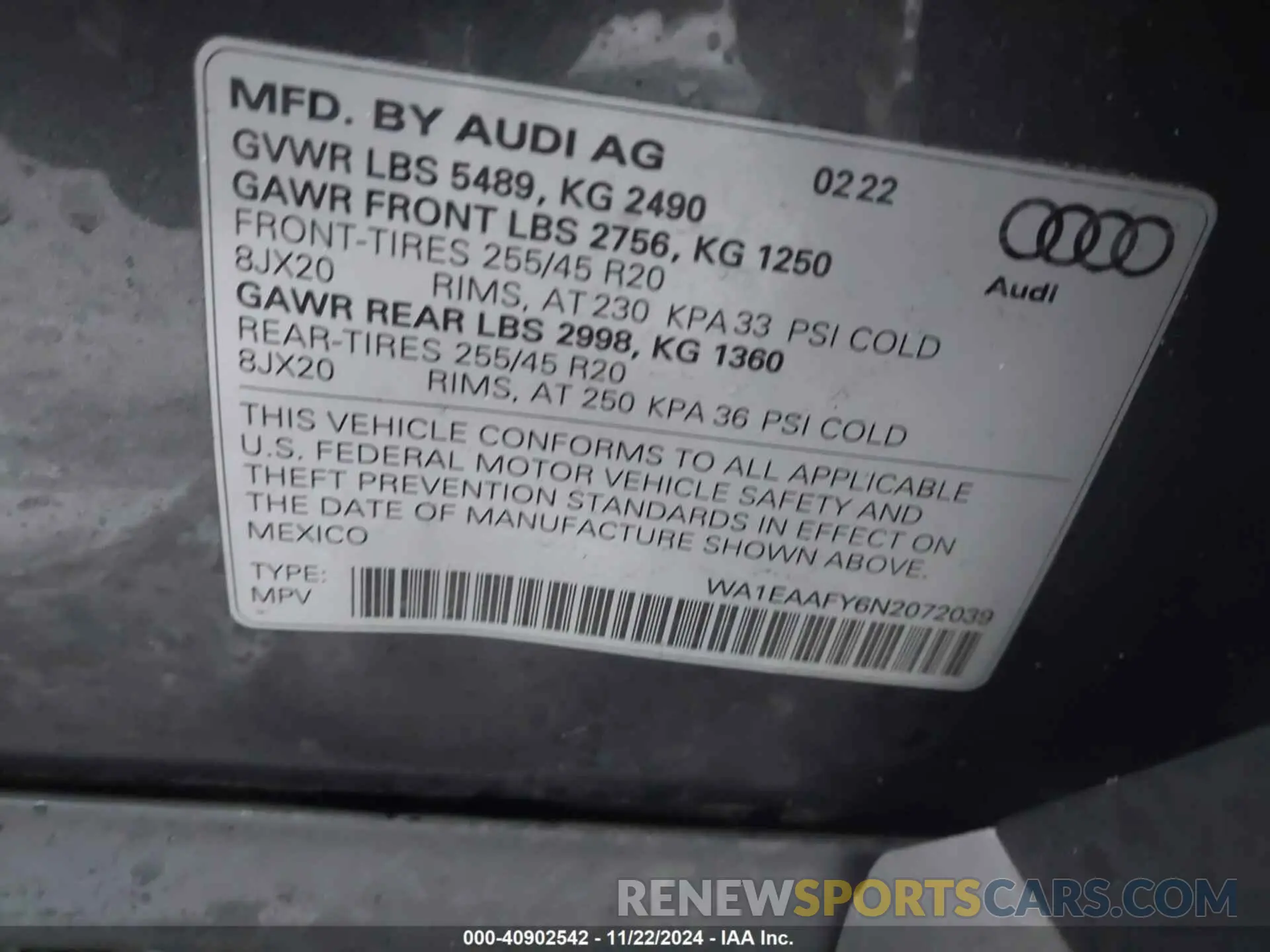 9 fotografías del automóvil dañado WA1EAAFY6N2072039 AUDI Q5 2022
