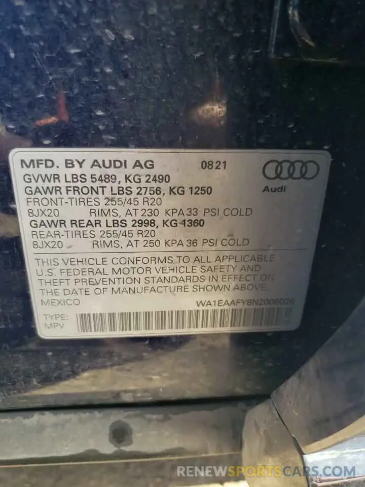13 fotografías del automóvil dañado WA1EAAFY8N2006026 AUDI Q5 2022