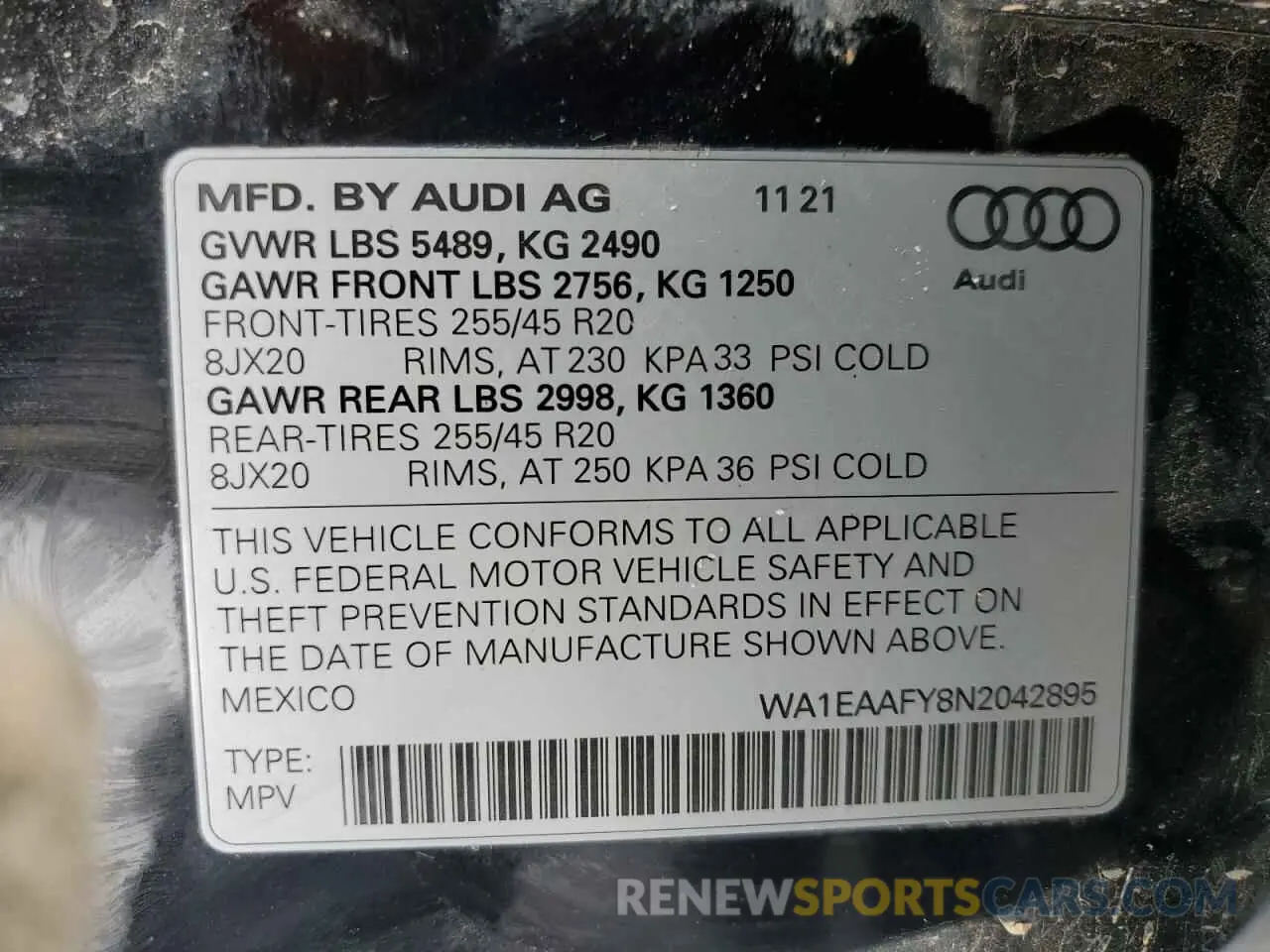 16 fotografías del automóvil dañado WA1EAAFY8N2042895 AUDI Q5 2022