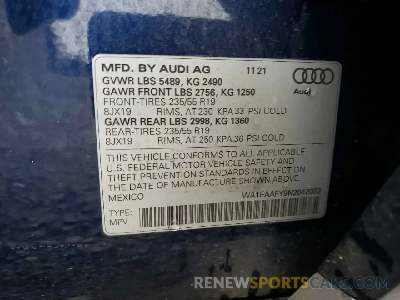 13 fotografías del automóvil dañado WA1EAAFY9N2042033 AUDI Q5 2022