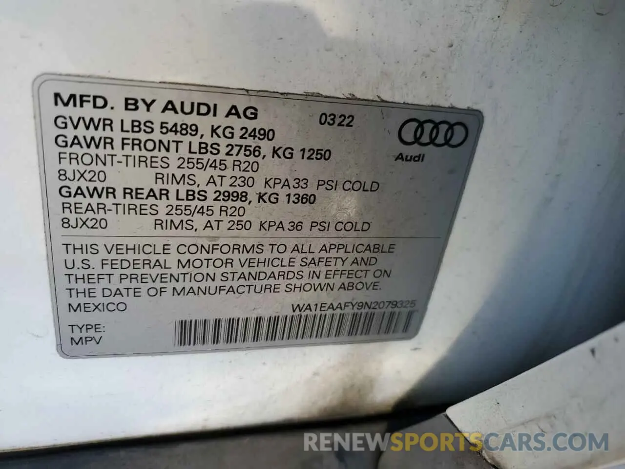 14 fotografías del automóvil dañado WA1EAAFY9N2079325 AUDI Q5 2022