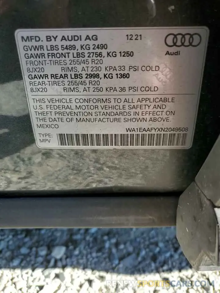 13 fotografías del automóvil dañado WA1EAAFYXN2049508 AUDI Q5 2022