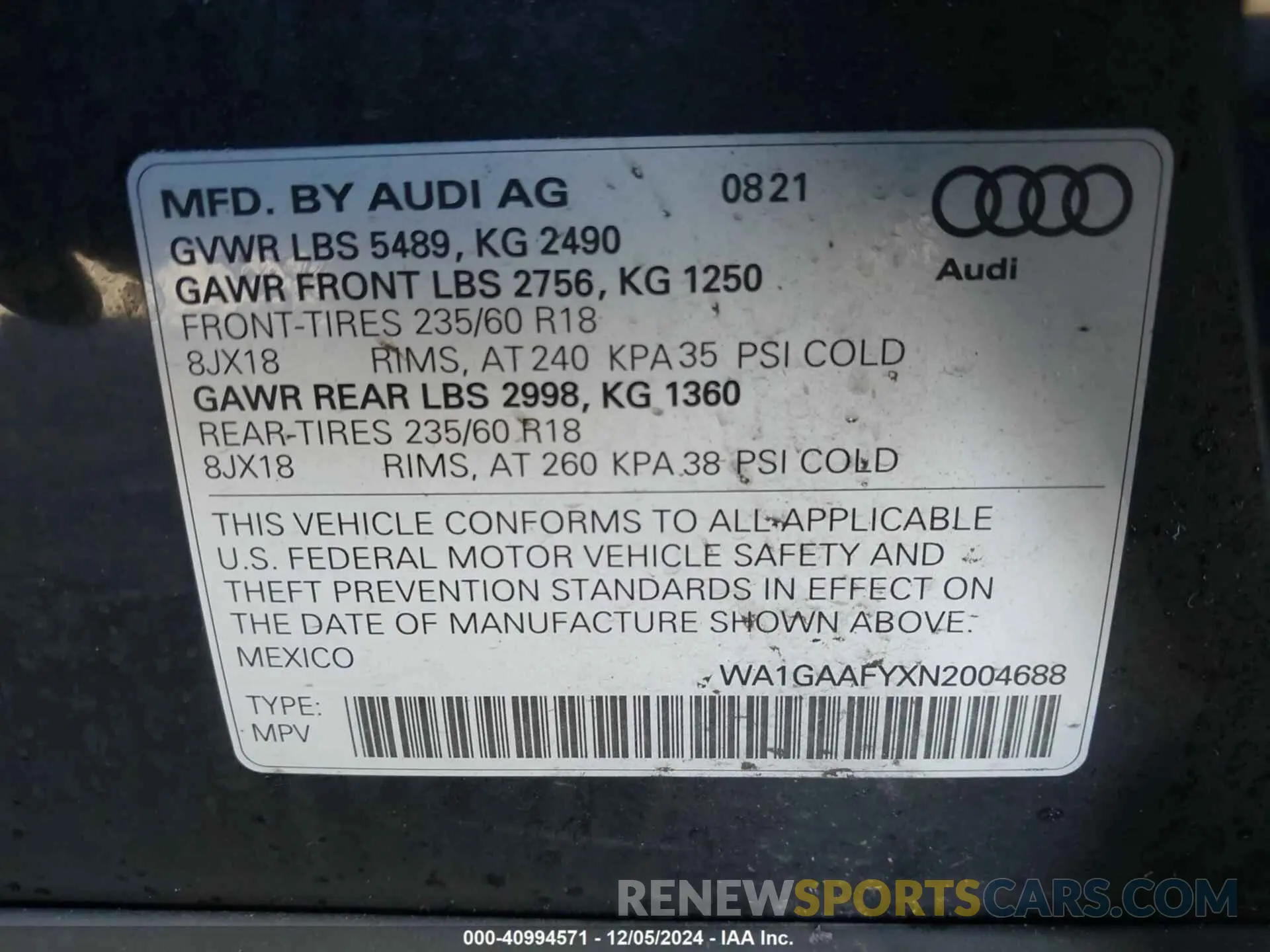 9 fotografías del automóvil dañado WA1GAAFYXN2004688 AUDI Q5 2022