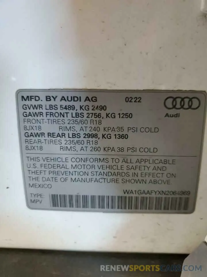 12 fotografías del automóvil dañado WA1GAAFYXN2064969 AUDI Q5 2022