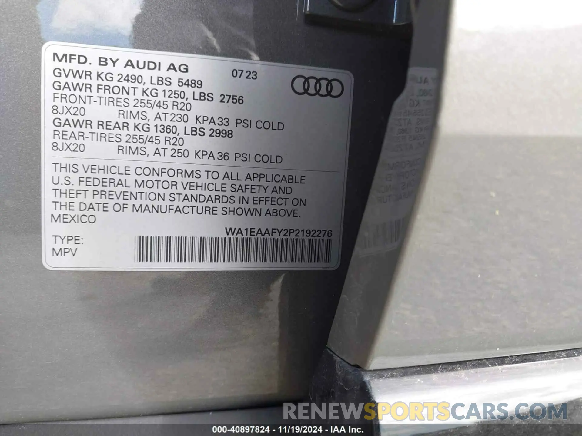 9 fotografías del automóvil dañado WA1EAAFY2P2192276 AUDI Q5 2023