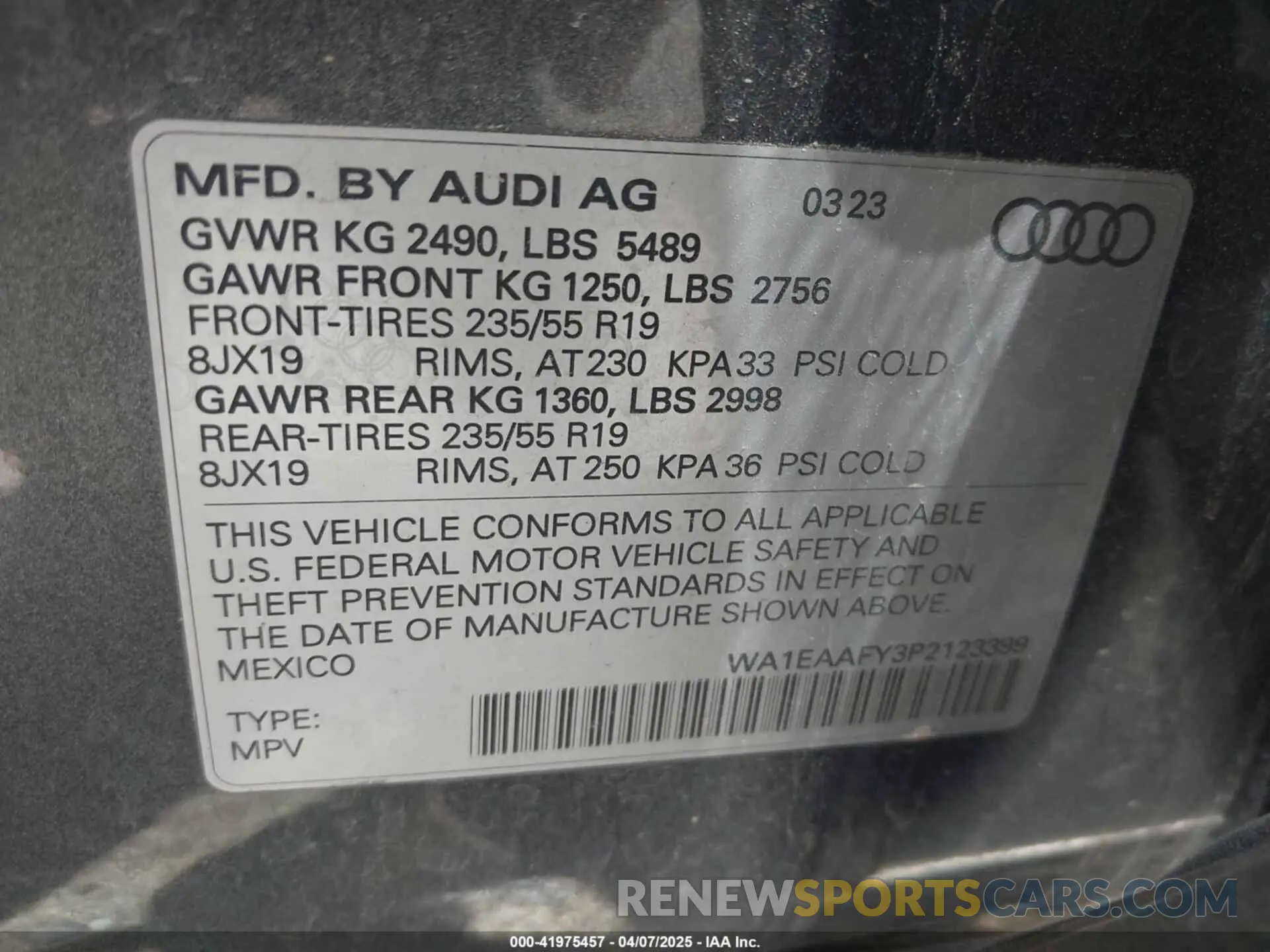 9 fotografías del automóvil dañado WA1EAAFY3P2123399 AUDI Q5 2023