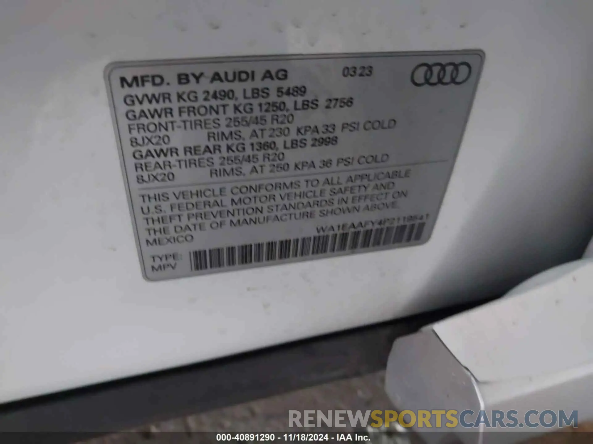 9 fotografías del automóvil dañado WA1EAAFY4P2119541 AUDI Q5 2023