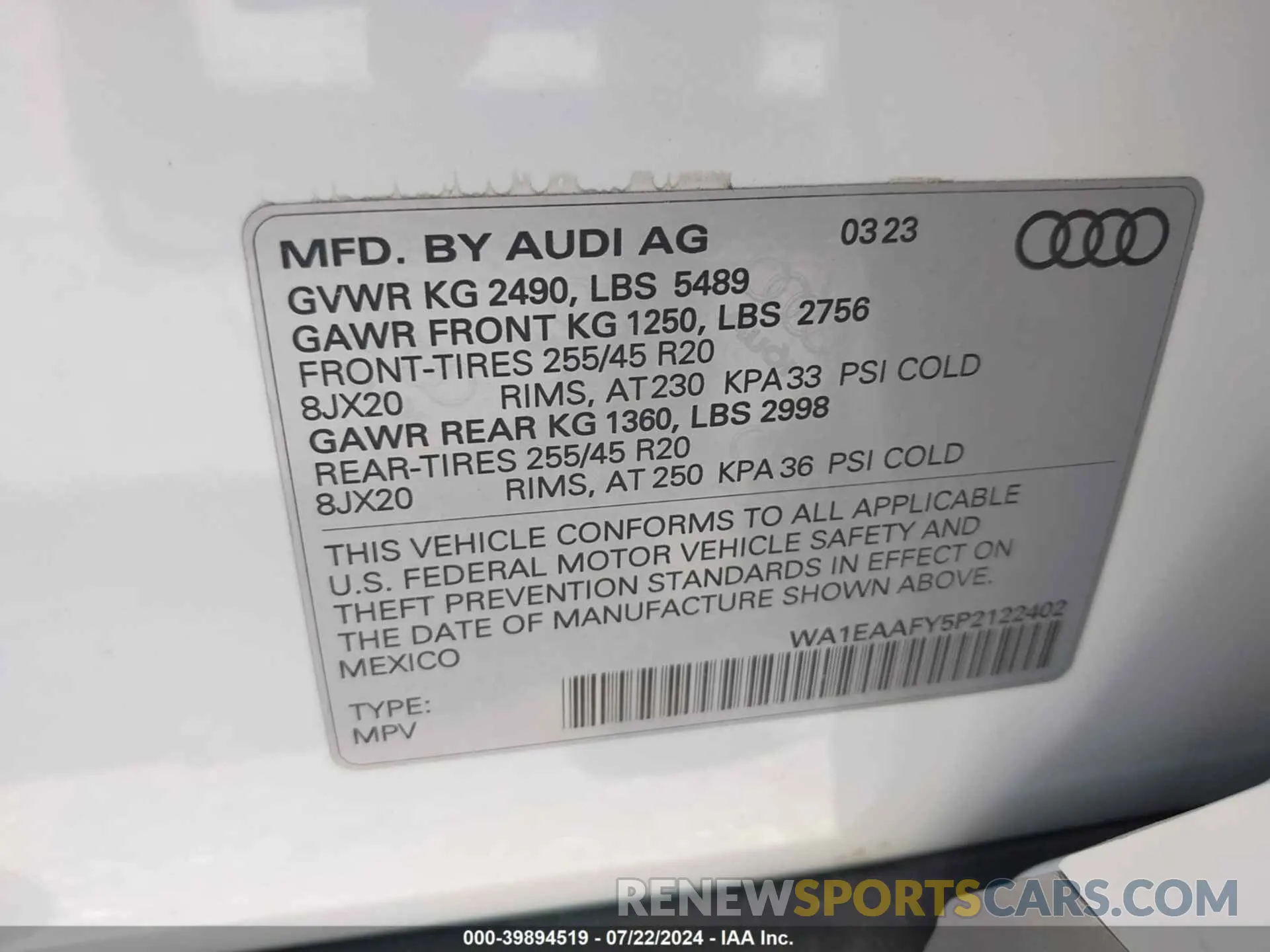 9 fotografías del automóvil dañado WA1EAAFY5P2122402 AUDI Q5 2023