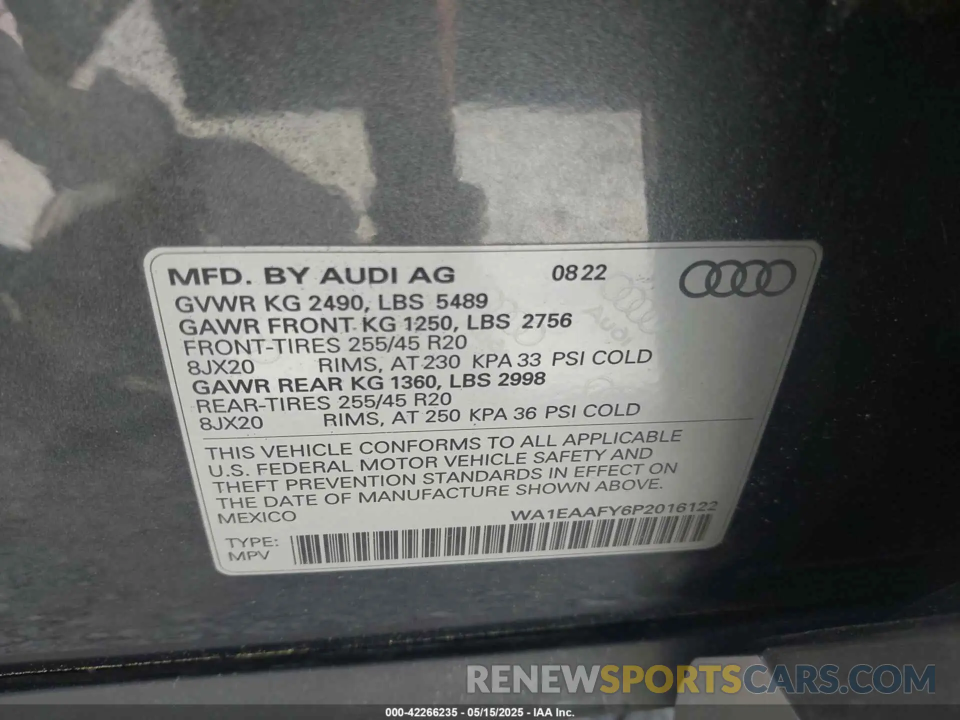 9 fotografías del automóvil dañado WA1EAAFY6P2016122 AUDI Q5 2023